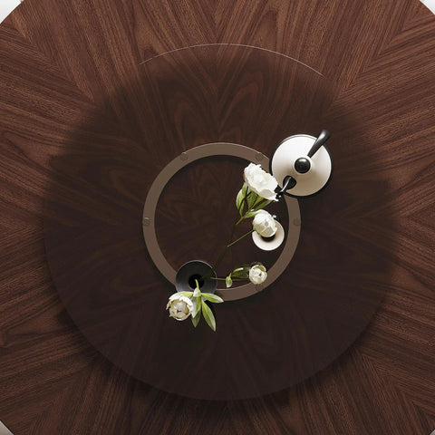 Top view of High Grade Oak Wabi Sabi Round Dining Table With 35 Inch Tempered Glass Lazy Susan And Walnut Detail showcasing floral arrangement.