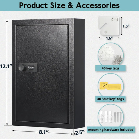 Straight Up Wall Mounted Key Storage Lock Box With Dead Simple Reset Combo Code, dimensions 12.1" x 8.1" x 2.5", clean black finish.