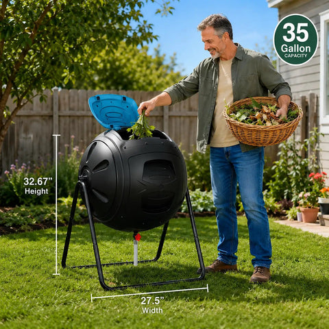 Man adding kitchen scraps to a Heavy Duty 35 Gallon Tumbling Compost Bin With Easy Drain Plug For Liquid Collection Rotating Outdoor Garden Waste Container Built To Last UV Protected Blue in a backyard
