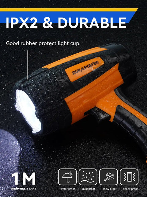 Rechargeable Spotlight With Beast Mode Bright LED Beam, IPX2 waterproof handheld flashlight in vibrant orange on wet surface