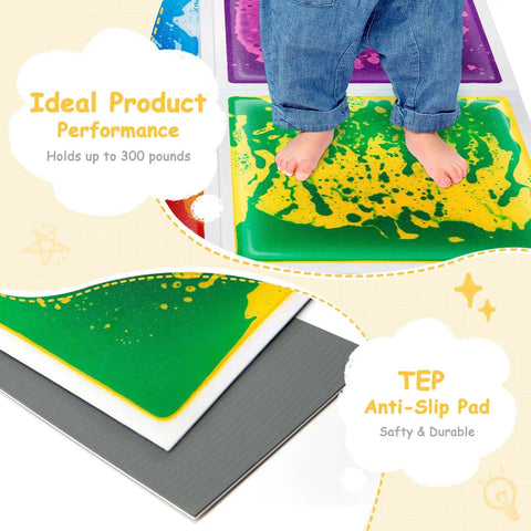 Child stepping on Liquid Motion Floor Tiles Set 11.8 Inch Square Colorful Cosmic Colors That Move With Every Step No Install Needed Safe For Kids 6 Piece Decorative Floor Tiles