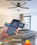 Sleek 52 Inch Low Profile Ceiling Fan In Matte Black With Bright SMD LED Lights Riding On A Dead Silent Reversible DC Motor Controlled Easy By Smart App Or Hand Held Remote, with smartphone app display.