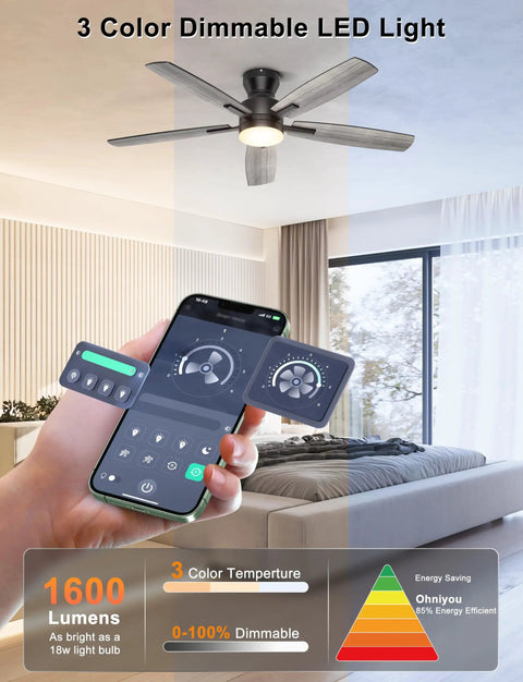 Sleek 52 Inch Low Profile Ceiling Fan In Matte Black With Bright SMD LED Lights Riding On A Dead Silent Reversible DC Motor Controlled Easy By Smart App Or Hand Held Remote, with smartphone app display.