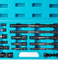 18 Piece Socket Extension And Ratchet Set With Impact Adapters And Swivel Sockets For Quarter Inch Three Eighths Inch And Half Inch Drives Includes Universal Joints And Adapters Heavy Duty Pro Grade Drive Accessories in blue case