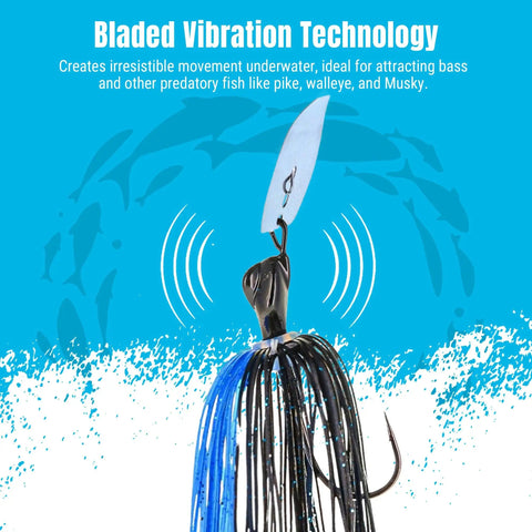 Weedless Bass Jig With Bladed Vibration Tech For Pike Walleye Muskie Six Color Lures Set, close-up of blue-black jig