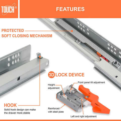 Close-up of Under Mount Drawer Slide Three Quarter Inch Self Close, 18 Inch with 3D adjustable lock and soft-close mechanism.