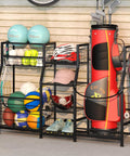 Garage Golf Bag Organizer Stand With Basket And Hooks Dual Mode Storage Rack For Two Golf Bags Balls And Gear Easy Assembly