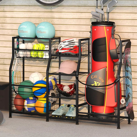 Garage Golf Bag Organizer Stand With Basket And Hooks Dual Mode Storage Rack For Two Golf Bags Balls And Gear Easy Assembly