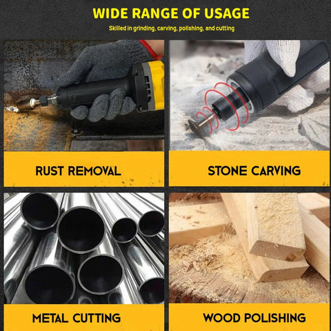 Killer Cordless Die Grinder Engineered To Ride On Popular 20V Packs performing rust removal, stone carving, metal cutting, and wood polishing.
