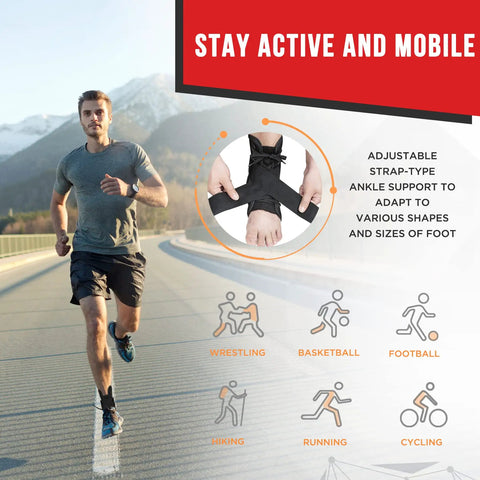Man running wearing upgraded lace up ankle brace with adjustable wrap for women and men ankle support stabilizer for sprained ankles injury recovery and Achilles tendonitis featuring a figure eight strap design for the go to secure fit and comfort during training.