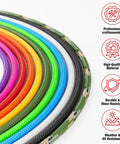 Various colored cords with icons for professional craftsmanship, high-quality material, durability, wear-resistance, weather UV resistance.