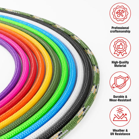 Various colored cords with icons for professional craftsmanship, high-quality material, durability, wear-resistance, weather UV resistance.