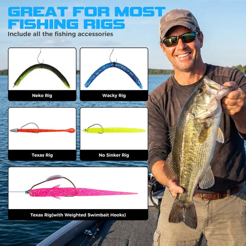 Angler holding bass with Pro Grade All In One Bass Fishing Lures Kit showing various rig setups