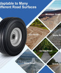 Flat Free Solid PU Run Flat Tire Wheels Set For Hand Trucks And Garden Carts 10x3.50-4 Inch showing adaptability to various road surfaces