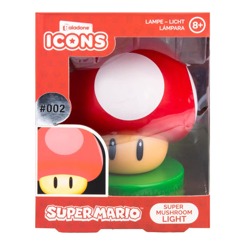 Super Mushroom Icon Light For Gamers Inspired By Nintendo Mario Series Battery Powered Night Light in packaging.