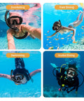 Four images show uses of 180 Degree Panoramic Swim Mask With Anti Fog Tempered Glass Lens And Dry Top Snorkel Kit for underwater adventures