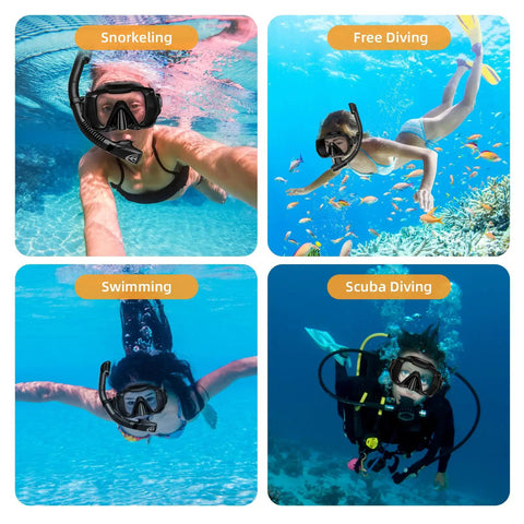 Four images show uses of 180 Degree Panoramic Swim Mask With Anti Fog Tempered Glass Lens And Dry Top Snorkel Kit for underwater adventures