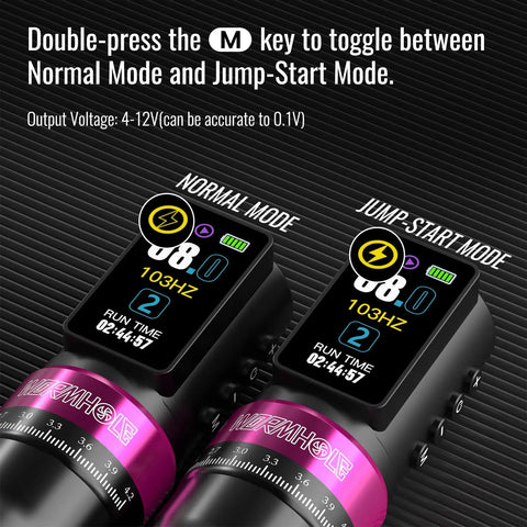 Wireless Tattoo Gun Kit With 2300mAh Batteries, showing display with Normal and Jump-Start Mode on black surface