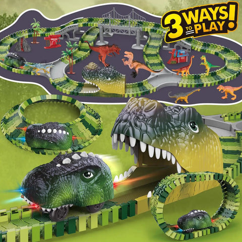 Ultimate Dinosaur World Race Track Set with flexible tracks and LED light-up Dino car in action for kids aged 3 to 8.