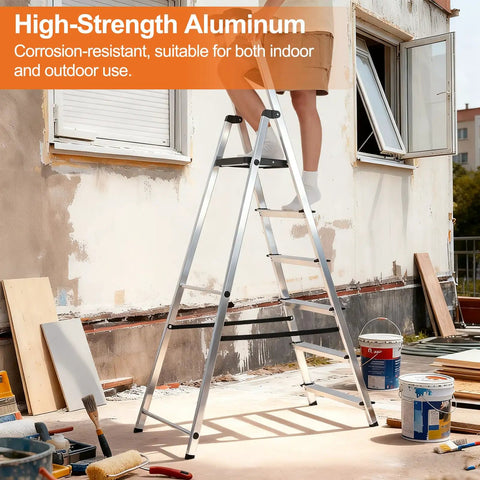 Beefed Up 6 Step Aluminum Folding Ladder With Wide Flared Base, Portable Compact Step Stool, Supports Up To 330 Lbs, Great For Home Garage DIY Projects And Heights, used for exterior painting