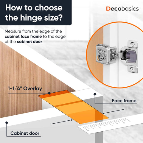 Diagram showing 1-1/4 inch overlay measurement for Soft Close Cabinet Hinges Set For One And A Quarter Inch Overlay Kitchen Cabinets, 40 Pack. No Slam Self-Closing Concealed Face Frame Hinges With 3-Way Adjustable Dampers, Stainless Steel, Quiet Close Damper.