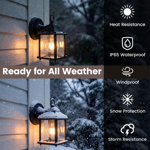 Built Tough E26 Outdoor Porch Light For Home Exterior Wall Matte Black Die Cast Aluminum And Clear Glass Wall Lantern with snow protection.