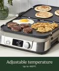 Cuisinart Griddler FIVE Electric Grill With Panini Press cooking sausage, egg, and pancakes on nonstick plates at 350°F.