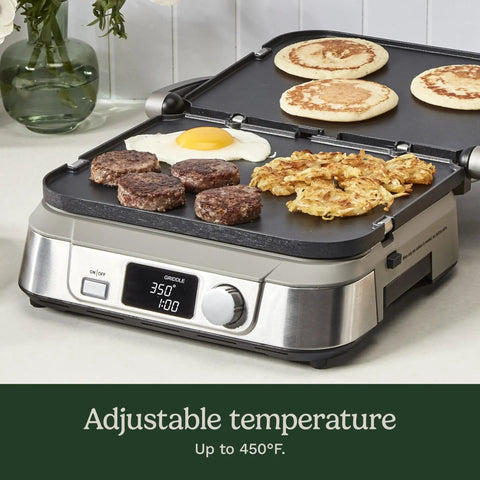 Cuisinart Griddler FIVE Electric Grill With Panini Press cooking sausage, egg, and pancakes on nonstick plates at 350°F.