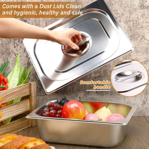 Hand placing lid on Eight Piece Stainless Steel Hotel Pan Set With Lids, 4 Inch Half Size Steam Table Pans For Hotel Buffets, Catering And Events.