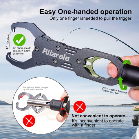 Fish Lip Gripper With Weight Scale And 360 Degree Rotation Aluminum Alloy Grip Tool For Handling Up To 40 Pounds Lightweight Portable Non Slip Rubber Handle Extra Wide 1.65 Inch Opening And Reel Safe Tackle Clip