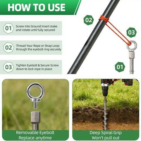 12 Inch Rustproof Aluminum Screw In Tent Stakes Set With 8mm Drill Adapter And Hooks, Heavy Duty Ground Anchors installation guide