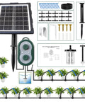 50Ft Solar Automatic Drip Irrigation Kit With USB Charging No Fuss Set It And Forget It Self Watering System layout with components