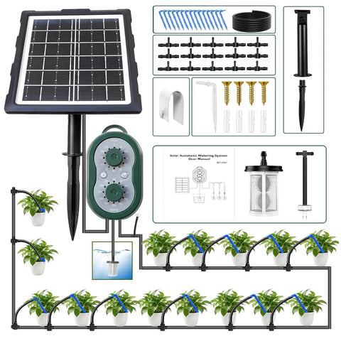 50Ft Solar Automatic Drip Irrigation Kit With USB Charging No Fuss Set It And Forget It Self Watering System layout with components