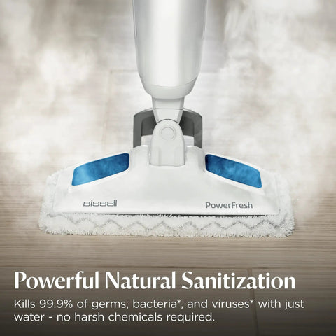 Heavy Duty Steam Mop With 12 Inch Sweeping Path For Hardwood And Tile Floors Featuring Built In Scrubber and Variable Steam Controls cleaning hardwood floors.