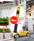 Rock Hard Steel Bollards 37 Inch With Glowing Reflective Tape in various parking settings for vehicle separation.