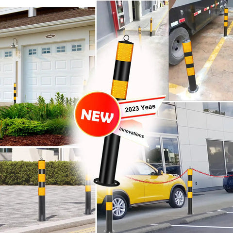 Rock Hard Steel Bollards 37 Inch With Glowing Reflective Tape in various parking settings for vehicle separation.