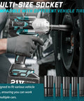 Heavy Hauler Cordless Impact Wrench Dropping 1300 Nm Of Boss Level Torque 1/2 Inch Drive Electric Tool Ships With Twin 5 Ah Packs Snappy Charger And Five Tough Sockets For Big Rig And Rv Jobs in use on a vehicle tire.