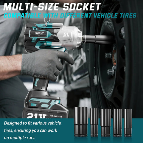 Heavy Hauler Cordless Impact Wrench Dropping 1300 Nm Of Boss Level Torque 1/2 Inch Drive Electric Tool Ships With Twin 5 Ah Packs Snappy Charger And Five Tough Sockets For Big Rig And Rv Jobs in use on a vehicle tire.