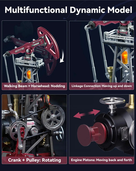 Industrial City Series 3D Puzzle Oil Pump Jack Dope Motorized Model With LED Lighting Three And A Half Hour Build Time Modular Assembly Kit For Adults And Teens Realistic Crank Driven Motion And Snappy Display, metal oil pump model