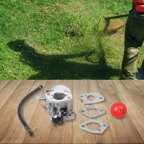Beefed Up Carburetor Kit Plug And Play Replacement For Lawn Mower with gaskets, fuel line, and filter on wooden surface