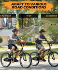 Two kids riding 20 Inch BMX Style Kid Friendly Bike For Boys And Girls Ages 4 To 12 with adjustable seat and dual braking system