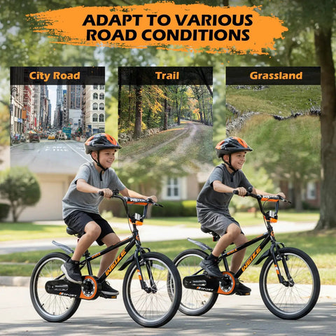 20 Inch BMX Style Kid Friendly Bike For Boys And Girls Ages 4 To 12 With Adjustable Seat Training Wheels Front And Rear Fenders Safe Dual Braking 