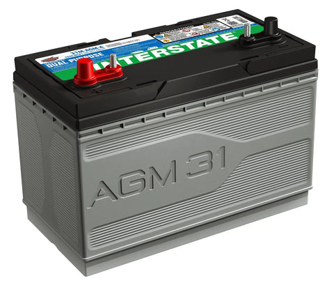 Marine And RV Dual Purpose AGM Battery 12V 100Ah With 825 CCA Pure Lead Start shown, labeled AGM 31, Group 31M design.