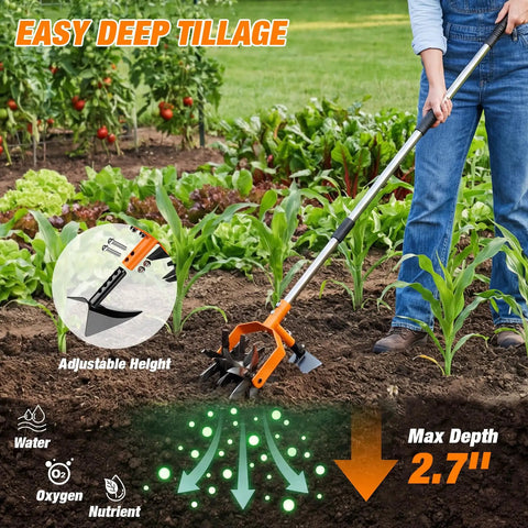 Person using 2 In 1 Garden Cultivator And Weeder With Upgraded Triangle Hoe And Adjustable Long Handle in vegetable garden for easy tillage.