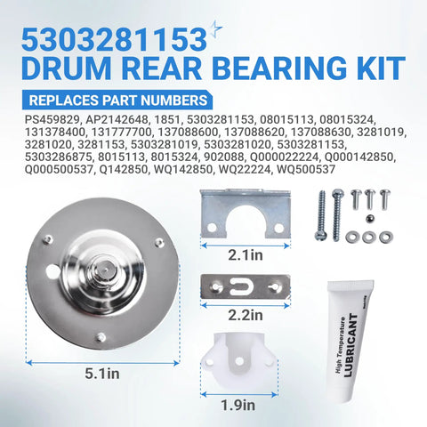 Beefed Up Dryer Rear Bearing Replacement Kit Fits Frigidaire and Kenmore Dryers 5303281153 and 134503600 with components displayed