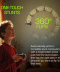 Child using Dash Nano Performance RC Drone For Fast Indoor Flying With Safe Self Correcting Flight, demonstrating 360° flips.