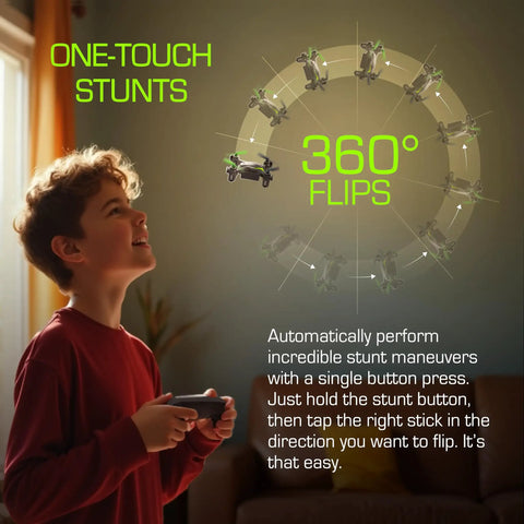 Child using Dash Nano Performance RC Drone For Fast Indoor Flying With Safe Self Correcting Flight, demonstrating 360° flips.
