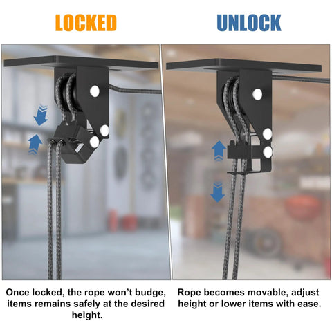 Close-up of locking and unlocking mechanism of Overhead Garage Ceiling Hoist System For Kayaks, Canoes, Bikes And Ladders