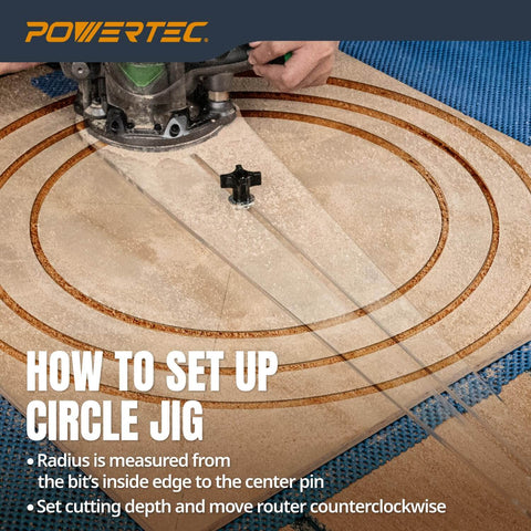 Circle Cutter Router Jig For Perfect Circles 10 To 53 Inches With Dual Pivot Pin System in use on wooden surface