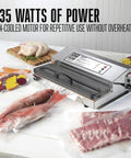 Heavy Duty Commercial Grade Vacuum Sealer Machine For Food Preservation And Sous Vide Cooking With Extra Wide Seal Bar For 16 Inch Bags And 935 Watt Power, shown sealing fish and meats.